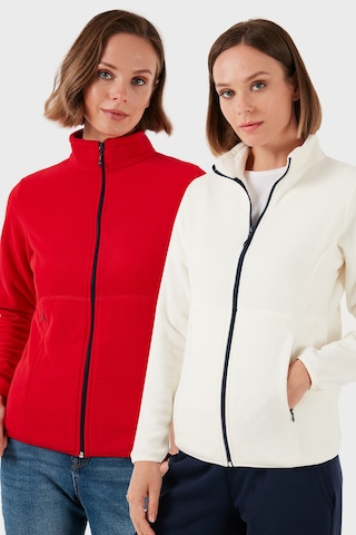 Lela Slim Fit Anti-Pilling Tüylenme Yapmayan Fermuarlı 2'Li Paket Polar Bayan Hırka 5907012S2 Ekru-Kırmızı