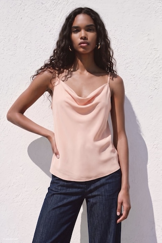 Sateen Askılı Degaje Yaka Bluz - Pudra-137668