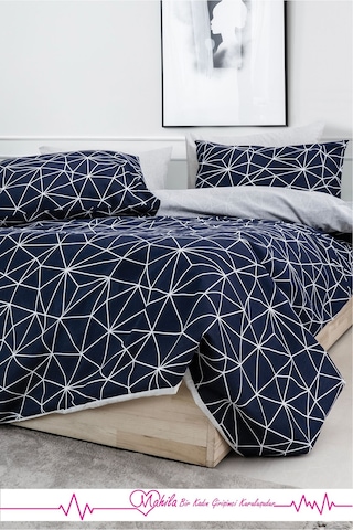 Battal Boy Lüks Pamuklu Nevresim Seti Lacivert Geometrik Desen Çok Renkli