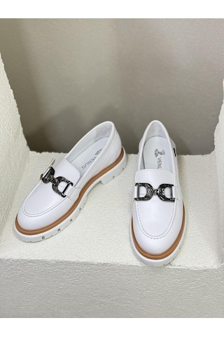 2412902y Tokalı 4cm Kalın Taban Hakiki Deri Loafer Ayakkabı Kadın Beyaz