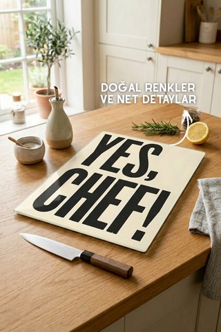 Yes, Chef Desenli Cam Kesim Tahtası - 25x35cm -dayanıklı Ve Pratik Kesim Matı Krem
