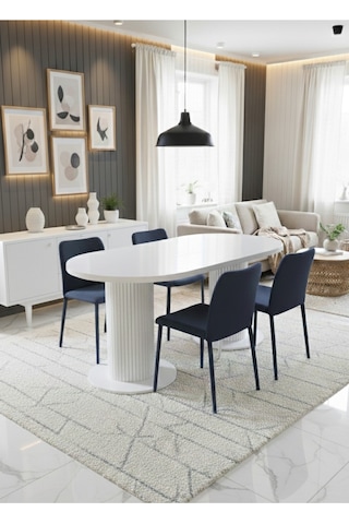 Oslo 180x90x74cm 36mm Kalın Kenarlı Oval Beyaz Sütunlu Yemek Masası Sandalye Yok Sadece Masadır Beyaz