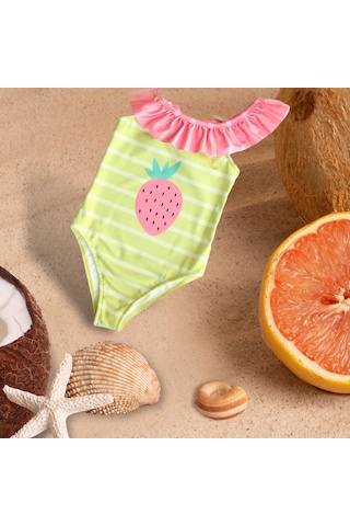 Lolliboomkids Kız Çocuk Çilek Desen Fırfır Yaka Yeşil Çizgili Pembe Detaylı Mayo Yeni Sezon Pembe - Su Yeşili