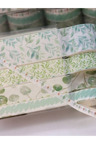 Vintage Washi Tape Bant Baskılı Yapışkanlı Maskeleme Kağıdı 45d Desenli Bant 10'lu - Yeşil Yapraklar 1
