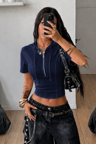 Tarz Cool Kapüşonlu Crop Tişört Fermuarlı Kısa Kollu Kadın Üst Body Lacivert