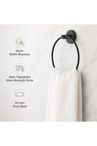 Lotus Siyah Halka Havluluk, Yapışkanlı Ve Vidalı Montajlı Yuvarlak Havlu Askısı, Mat Siyah Statik Boyama, 35 Mm O Çok Renkli