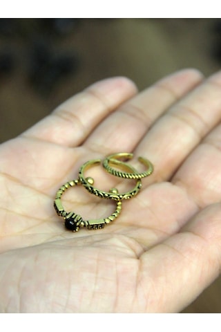 Doğal Taşlı 3'lü Garnet Lal Doğal Taşlı Antik Modelli Kadın Ayarlanabilir Yüzük Seti Euy84 Kırmızı