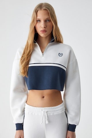 Ethıquet KRUSSEN Kadın Oversize Fermuarlı Uzun Kollu 3 İplik Kısa Beyaz Sweatshirt