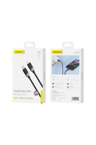 Foneng Xs03 27w Type-c To Lightning Işıklı Örgü 1.2m Hızlı Data Ve Şarj Kablosu
