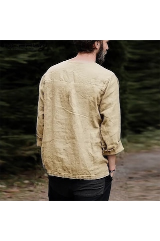 Incerun %100 Pamuk Erkek Uzun Kollu Bağcıklı Gömlek Vintage Düz Renk Rahat Gömlek Üstleri S-xxxxxl Açık Gri