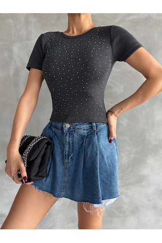 Defymoda Önü Taşlı Antrasit Bluz S3512 Antrasit