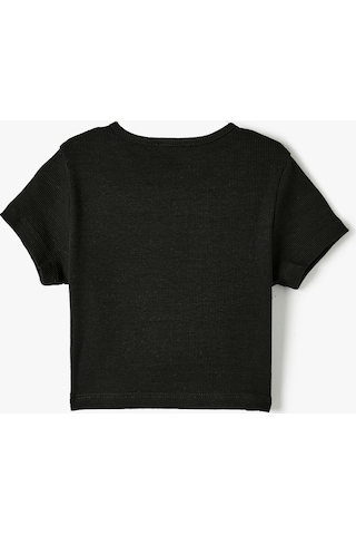 Koton Crop Tişört Baskılı Ribanalı Kısa Kollu Bisiklet Yaka Siyah 4skg10335ak 4SKG10335AK999 Siyah