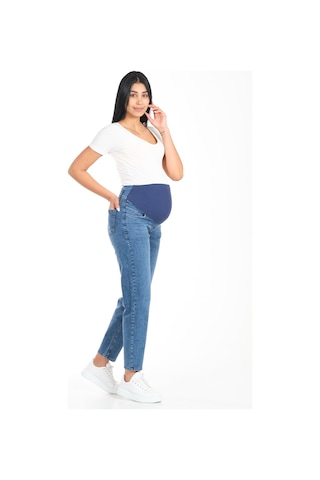 Busa Hamile Esnek Karın Bantlı Arka Kemerli Mom Fit Kot Pantolon Mavi-mavi