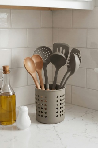 Gri - A+ Silindir Kaşıklık Tezgah Üstü Servis Standı, Su Gider Delikli, Plastik Düzenleyici Organizer Gri