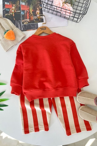 Minigimin Cicileri Sevimli Köpek Baskılı Sweatshirt Çizgili Bol Paça Kız Çocuk 2 Li Takım - Kırmızı Diğer
