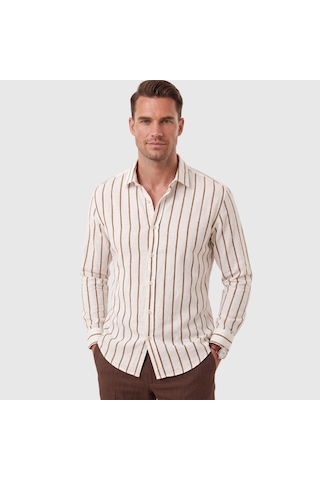 Deepsea Erkek %100 Pamuk Slim Fit Dar Kesim Keten Dokulu Çizgili Uzun Kollu Kahve Gömlek 2600034