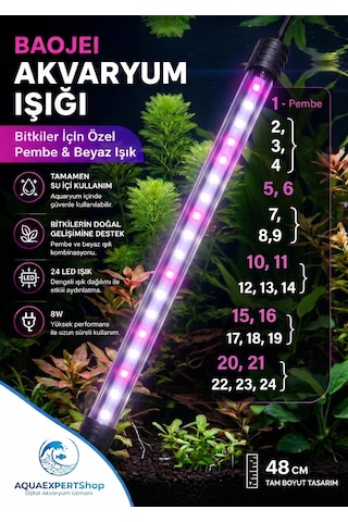 Baojie Akvaryum Işığı - Bitki Işığı - Balık Işığı - Tamamen Su Içinde Kullanılabilir - 24 Led - Pembe Beyaz - 48 Cm - Güçlü Aydınlatma - 8w