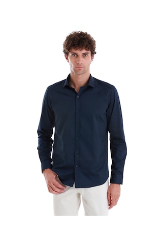 Hatemoğlu Lacivert Slim Fit Düz 100% Pamuk Açık İtalyan Yaka Uzun Kollu Saten Gömlek 24d190000045 005 Lacivert