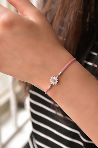 Kadın 925 Ayar Gümüş Rodyum Kaplama Pembe Ipli Asansörlü Papatya Bileklik