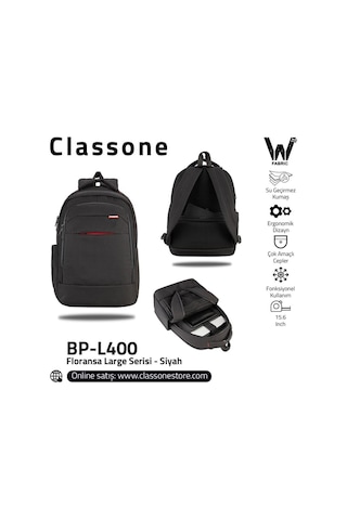 Classone BP-L400 15,6" Floransa Serisi Wtx Pro Su Geçirmez Kumaş, Notebook,Laptop Sırt Çntası-Siyah