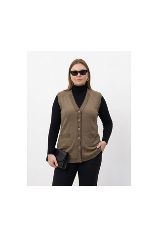 Onno Style Women Bantı Hasır Desenli Çelik Örgü Klasik Triko Yelek Bej
