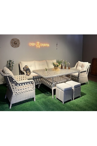 Depodunya Sercangarden Rattan Bahçe Balkon Teras Mobilyası Bahçe Takımı Oturma Grubu 7 Kişilik Bahçe Takımı Krem