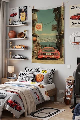Retro Araba Duvar Örtüsü, Vintage Racing Oda Dekoru, Kumaş Duvar Halısı Beyaz