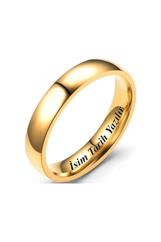 Kişiye Özel İsim Yazılı 4mm Bombeli Parlak Erkek Kadın Çelik Alyans Yüzük Cl18ko Sarı