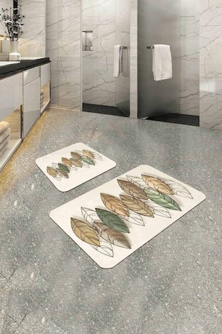Krem Etnik Desenli Banyo Halısı Klozet Paspas Seti Bs326n11