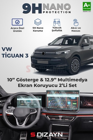 S-dizayn Vw Tiguan 3 10 İnç Gösterge Ve 12.9 İnç Multimedya 9h Nano Ekran Koruyucu 2'li Set Parlak 2024 Üzeri A+ Kalite