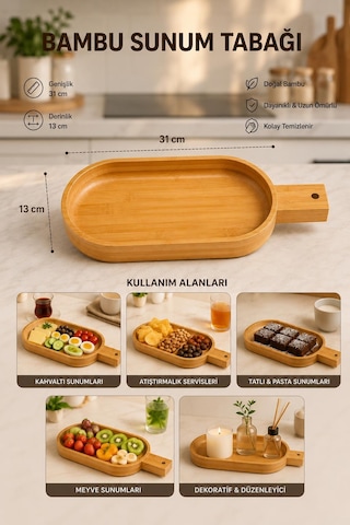 Bambu Saplı Sunum Tabağı 31x13 Cm Kahvaltılık Ve Atıştırmalık Servis Tepsisi