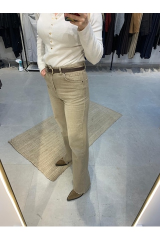 Bej Geniş Kesik Paça Wide Leg Kadın Jean Pantolon Bej
