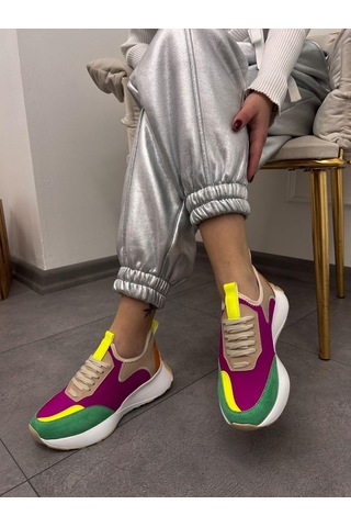 Erva'nın Butiği Oranj Mor Triko Mines Kadın Bağcıklı Sneakers-5293