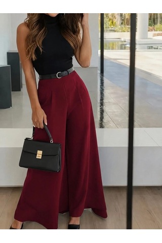 DefyModa Kadın Yüksek Bel Kemerli Double Kumaş Palazzo Pantolon Bordo