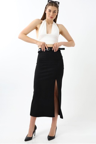 Winmoda34 Kadın Uzun Kemerli 92cm Maxi Boy Yırtmaçlı Süet Etek Siyah