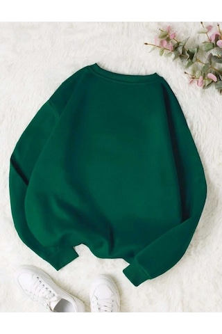 Baskısız Düz Sweatshirt - Nefti Yeşil Kalın Kışlık Şardonlu Uzun Kol Oversize Bisiklet Yaka Nefti Yeşil