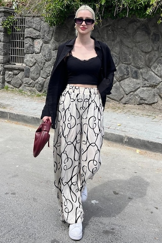 Madmext Ekru Desenli Beli Lastikli Bol Paça Pantolon Mg2051-ekru Ekru