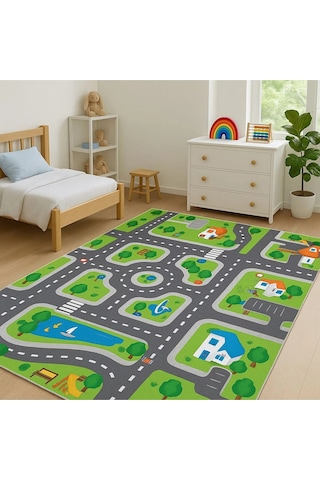 Yeşil Renk Şeritli Yol Çocuk Odası Oyun Halısı Yeşil