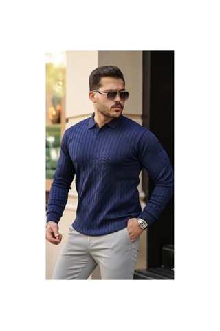 Butik İstanbul Erkek Saç Örgü Desen Uzun Kollu Triko Lacivert