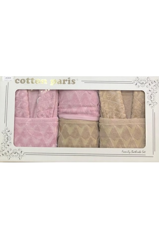 Royam Cotton Paris Jakarlı Pamuklu 6 Parça Aile Bornoz Seti Bej