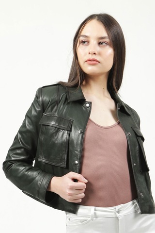 Dericlub Yb-Vgn1 Crop Fit Gerçek Deri Kadın Mont Yeşil