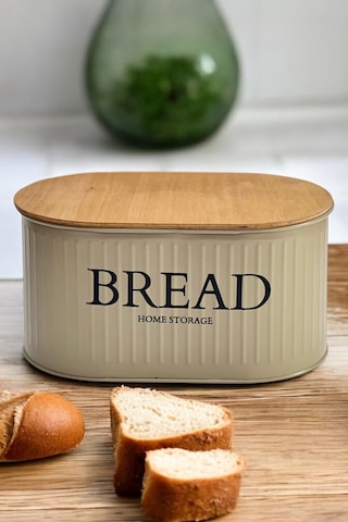 Ahşap Kapaklı Metal Ekmeklik Kahve Kahverengi