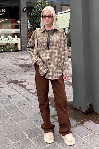 Seeh Haki Oversize Ekose Desenli Kadın Gömlek Sh334 Ekoseli