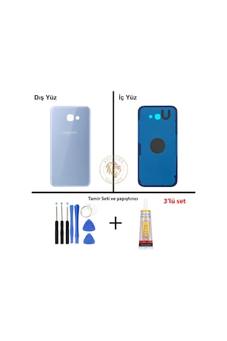 Samsung Galaxy A7 2017 A720 Mavi Renk Arka Kapak + Tamir Seti + B7000 Yapıştırıcı Arka Cam Batarya Kapağı Pil Kapağı Lazer Kesim Back Cover Galaxy A7 2017 Uyumlu