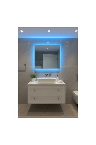 Digital Hayat Mavi Led Işıklı Kare Ayna Dekoratif Banyo Makyaj Aynası Mavi