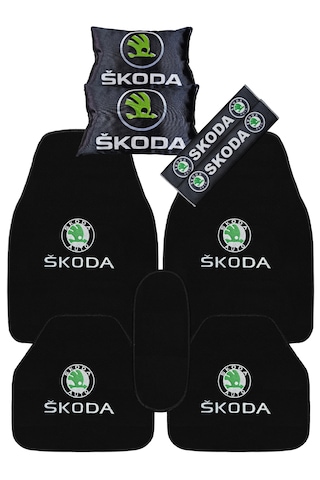 Skoda Araçlar İçin 5 Parça Oto Halı Paspas Dijital Baskılı Siyah Seyahat Boyun Yastık & Emniyet Kemer Kılıfı