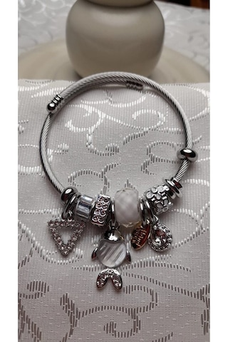 Uzel Çelik Gümüş Silver Model Taşlı, Balık Charmlı Çelik Bileklik Beyaz