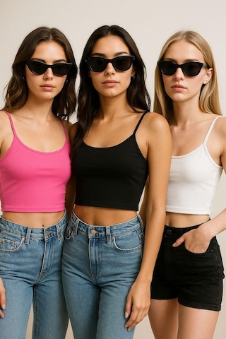 Rich Kadın 3'lü Paket Siyah Beyaz Pembe Kısa Crop İp Askılı Kayık Yaka Krop Bluz Büstiyer Çok Renkli