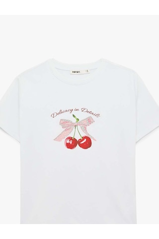 Koton Bisiklet Yaka Fiyonk Ve Kiraz Baskılı Beyaz Kadın T-shirt 6sak50036ek Beyaz