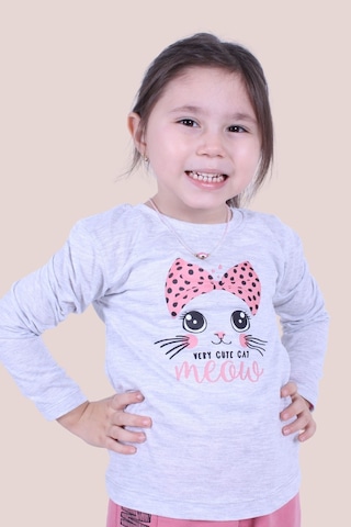 3'lü Love-cat Meow-good Things Baskılı Kız Çocuk Uzun Kol Fuşya-gri-yeşil Sweatshirt Çok Renkli